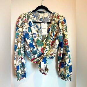 NWT Zara cropped floral top with tie front